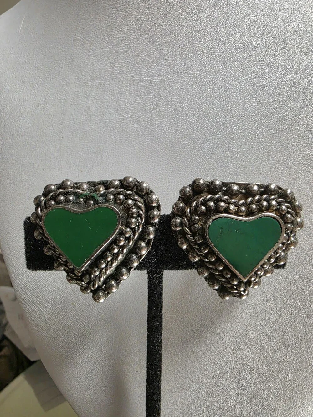 Vintage Oxidized Silver-Tone Heart Clip-On Earrings with Green Resin Center